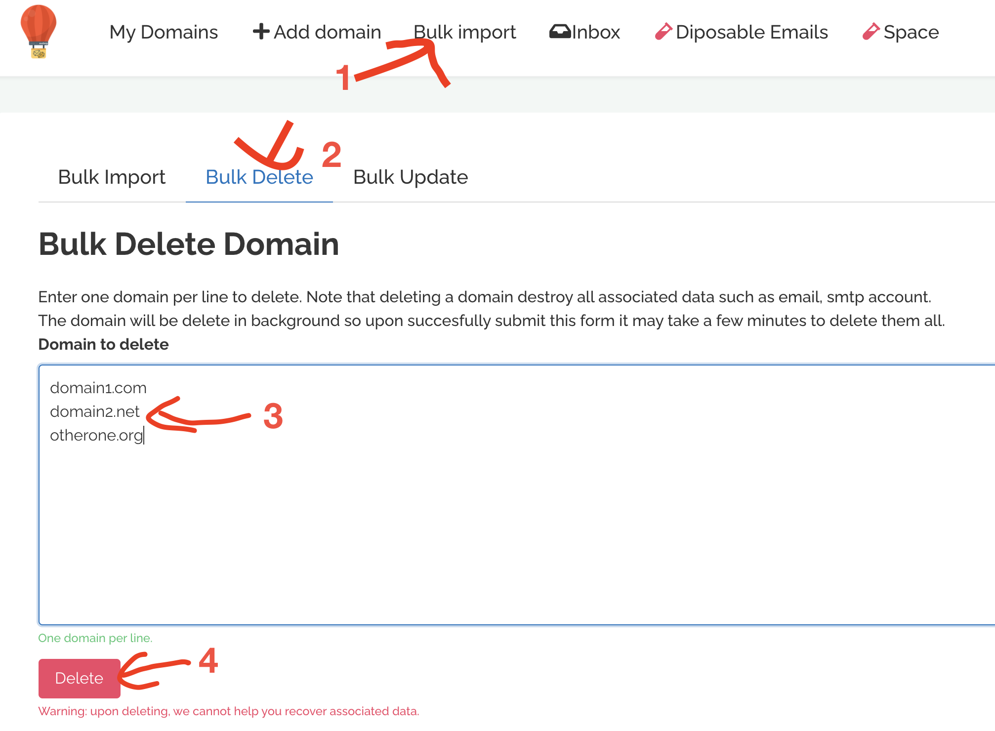 Bulk delete in Mailwip dashboard
